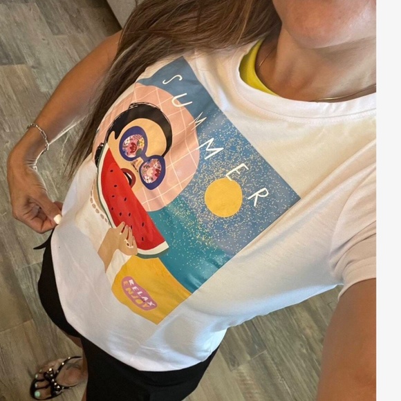 Graphic Appliqué White Summer Tee Shirt Crewneck - Picture 12 of 13